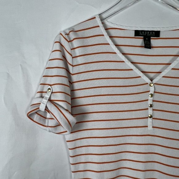 Lauren Ralph Lauren Womens White Orange Stripe Short Sleeve V-Neck Shirt Medium - Picture 4 of 10